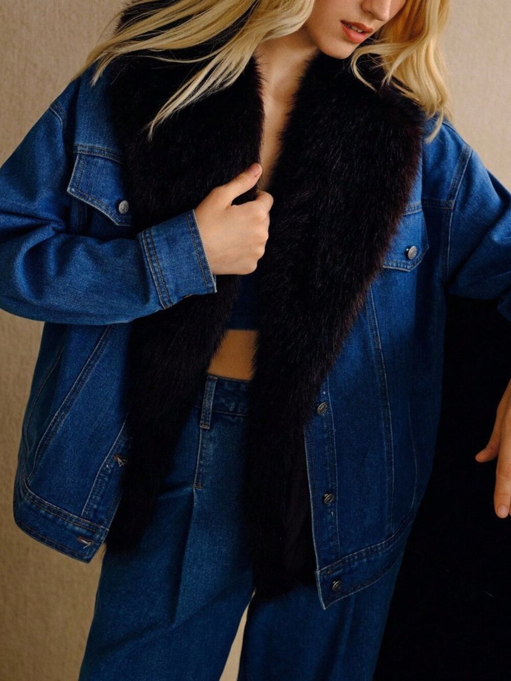 Medium Wash Casual Women's Contrast Faux Fur Colorblock Denim Jacket